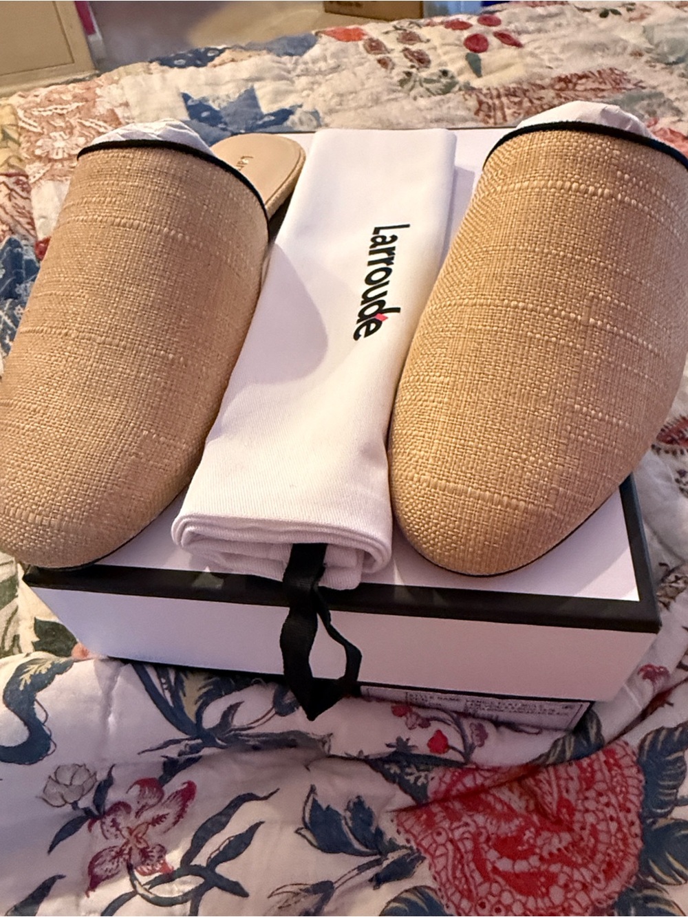 Larroude Natural Beige Slip-On Loafers with Black Trim - Picture 2 of 7